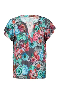 DiDi Blouse Flare in dark shadow with Floral Medley print- Blouses