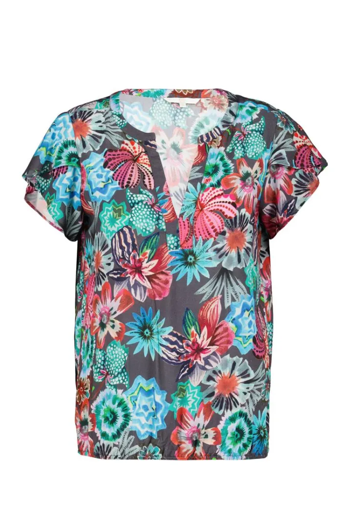 DiDi Blouse Flare in dark shadow with Floral Medley print- Blouses