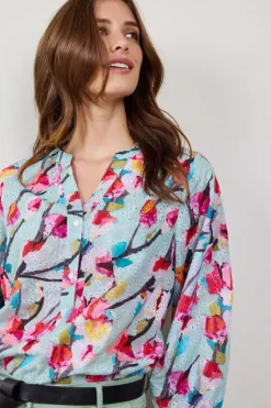 DiDi Blouse Sofia in Green with pink blossom print- Blouses