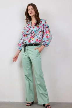 DiDi Blouse Sofia in Green with pink blossom print- Blouses