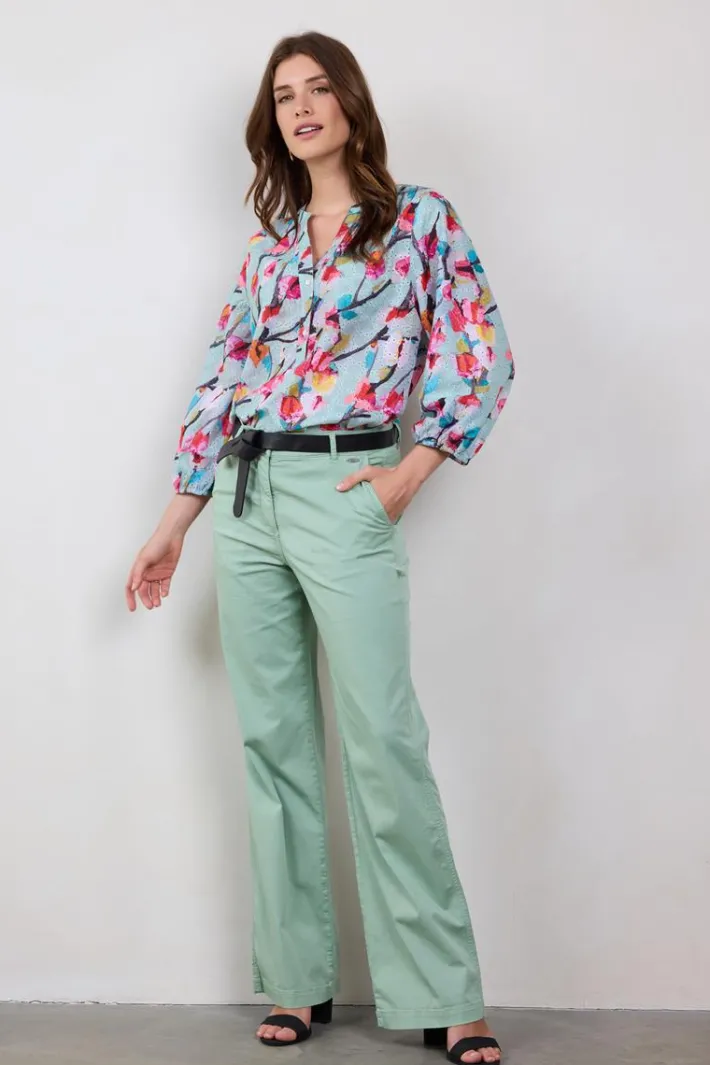 DiDi Blouse Sofia in Green with pink blossom print- Blouses