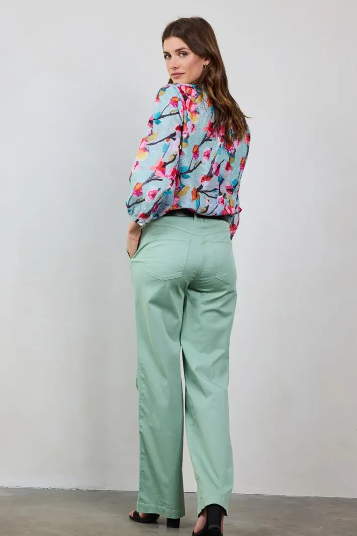 DiDi Blouse Sofia in Green with pink blossom print- Blouses
