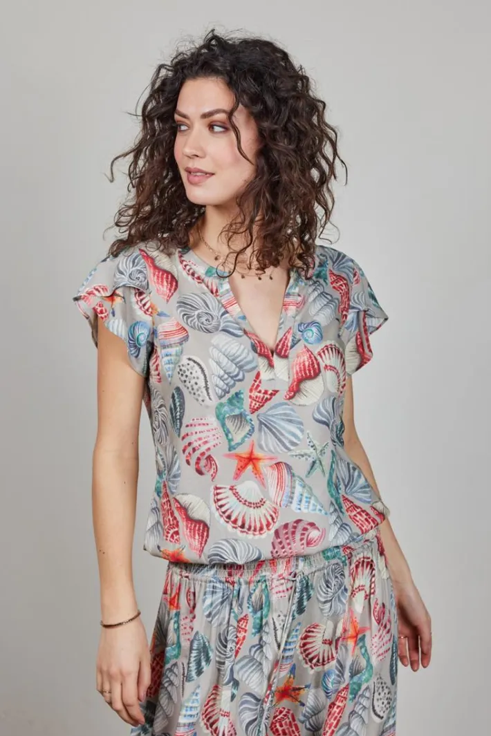 DiDi Blouse S/S Flare in Feather grey with Ocean Treasure- Blouses