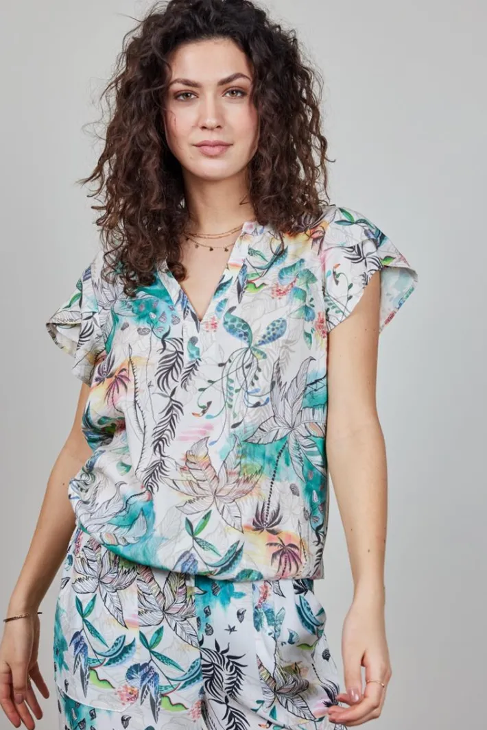 DiDi Blouse S/S Flare in Offwhite with Palm festival print- Blouses
