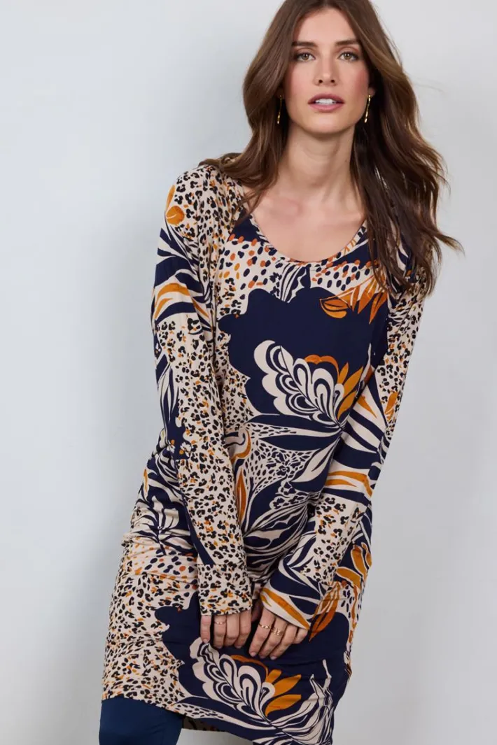 DiDi Comfy loose dress in Darkblue with Wildflower print- Jurken & Tunieken