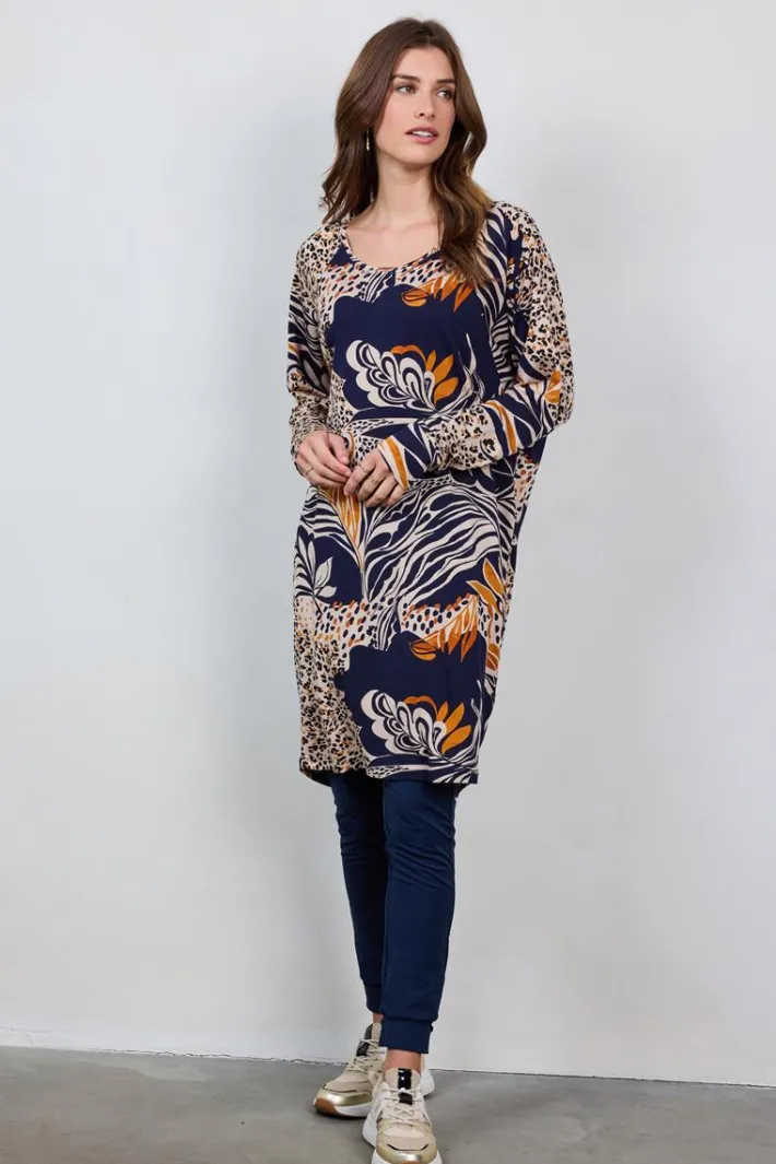 DiDi Comfy loose dress in Darkblue with Wildflower print- Jurken & Tunieken