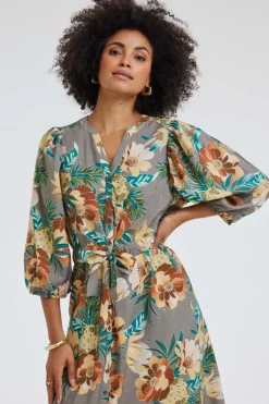 DiDi Dress Dalina Taupe Rising sun print- Jurken & Tunieken
