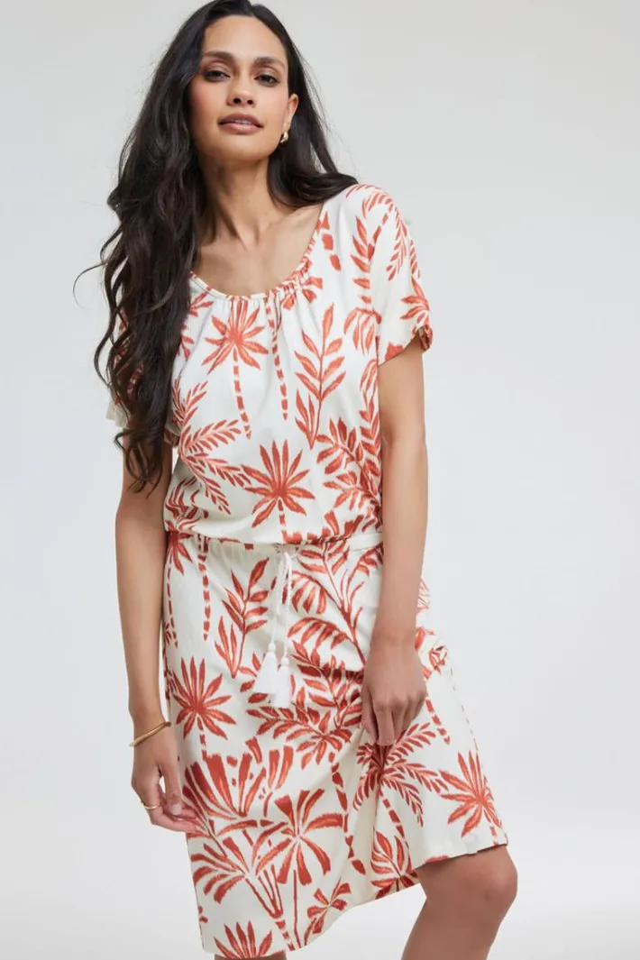 DiDi Dress Jacky Ecru Palmer print- Jurken & Tunieken