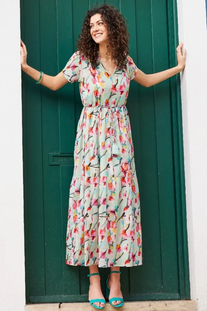 DiDi Dress Nimes in Green with Pink blossom print- Jurken & Tunieken