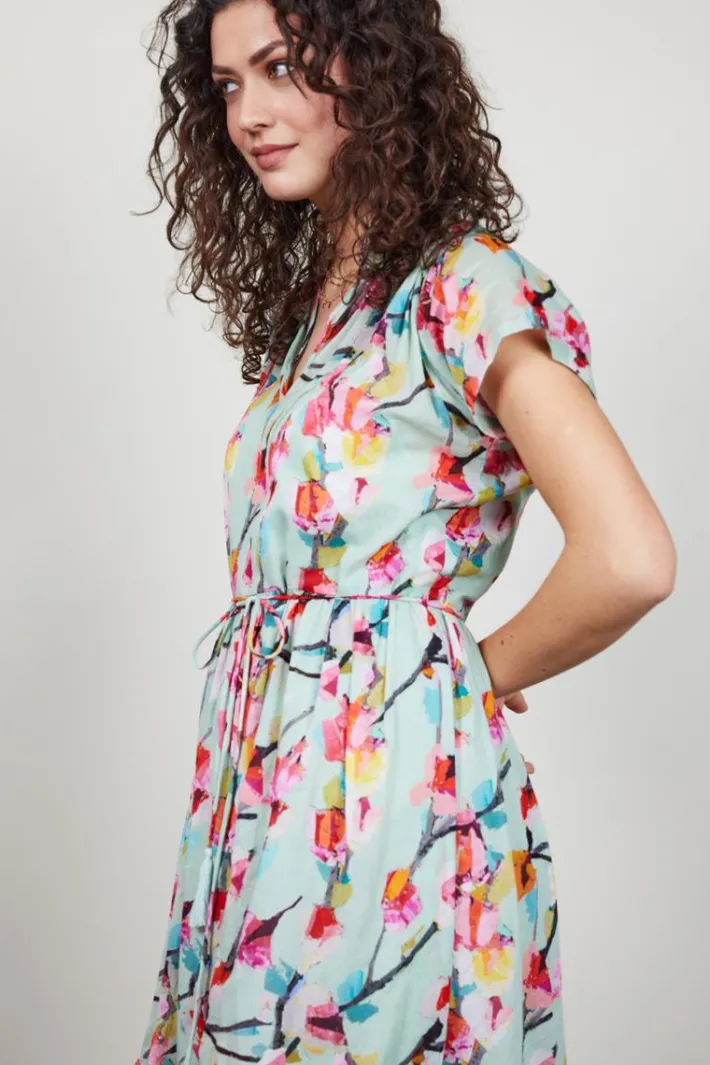 DiDi Dress Nimes in Green with Pink blossom print- Jurken & Tunieken