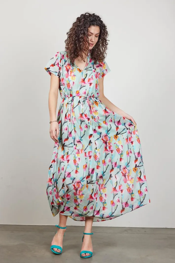 DiDi Dress Nimes in Green with Pink blossom print- Jurken & Tunieken