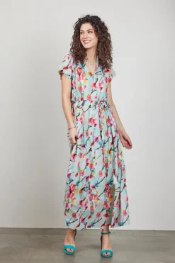 DiDi Dress Nimes in Green with Pink blossom print- Jurken & Tunieken