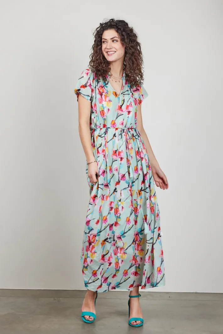 DiDi Dress Nimes in Green with Pink blossom print- Jurken & Tunieken