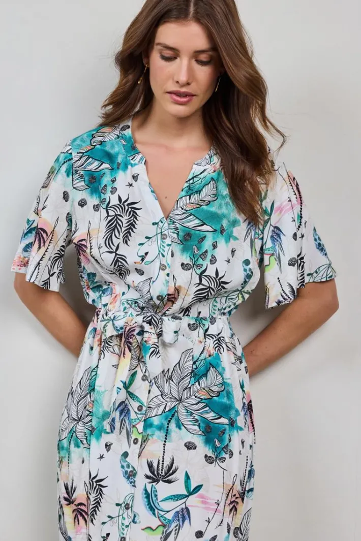 DiDi Dress Nova in Offwhite with Palm festival print- Jurken & Tunieken