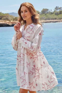 DiDi Dress Terra in Offwhite with Coral embroidery- Jurken & Tunieken