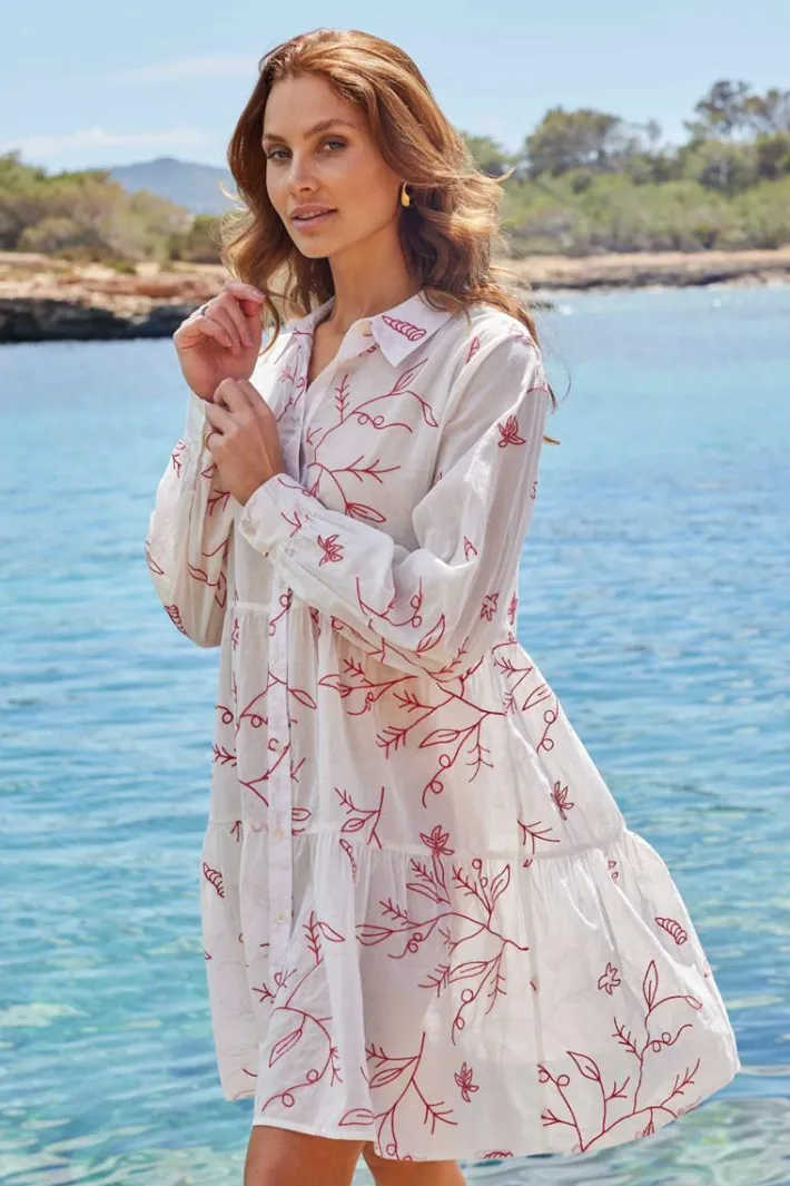 DiDi Dress Terra in Offwhite with Coral embroidery- Jurken & Tunieken