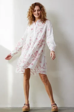 DiDi Dress Terra in Offwhite with Coral embroidery- Jurken & Tunieken