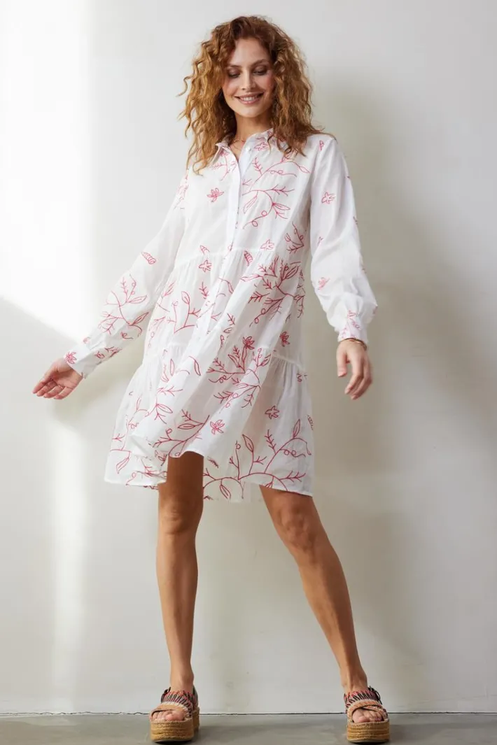 DiDi Dress Terra in Offwhite with Coral embroidery- Jurken & Tunieken