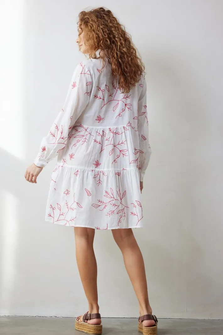 DiDi Dress Terra in Offwhite with Coral embroidery- Jurken & Tunieken