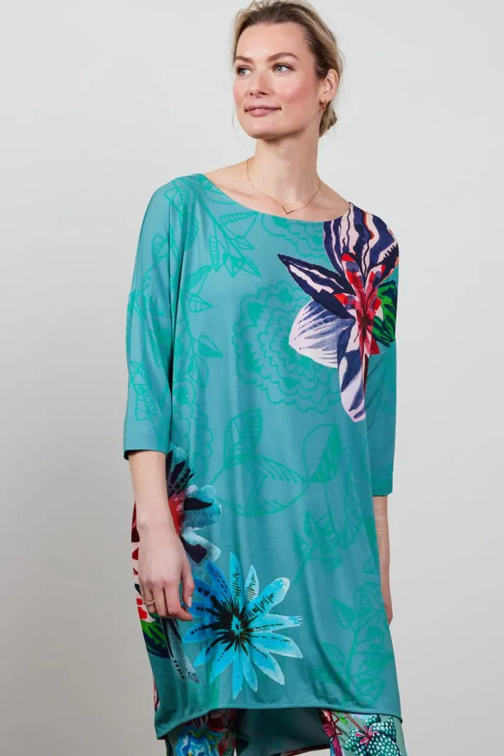 DiDi Easy loose dress in granite green with Floral Medley Panel.- Jurken & Tunieken