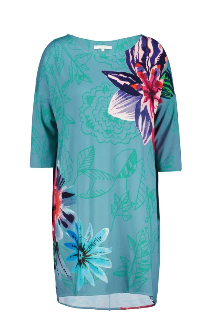 DiDi Easy loose dress in granite green with Floral Medley Panel.- Jurken & Tunieken