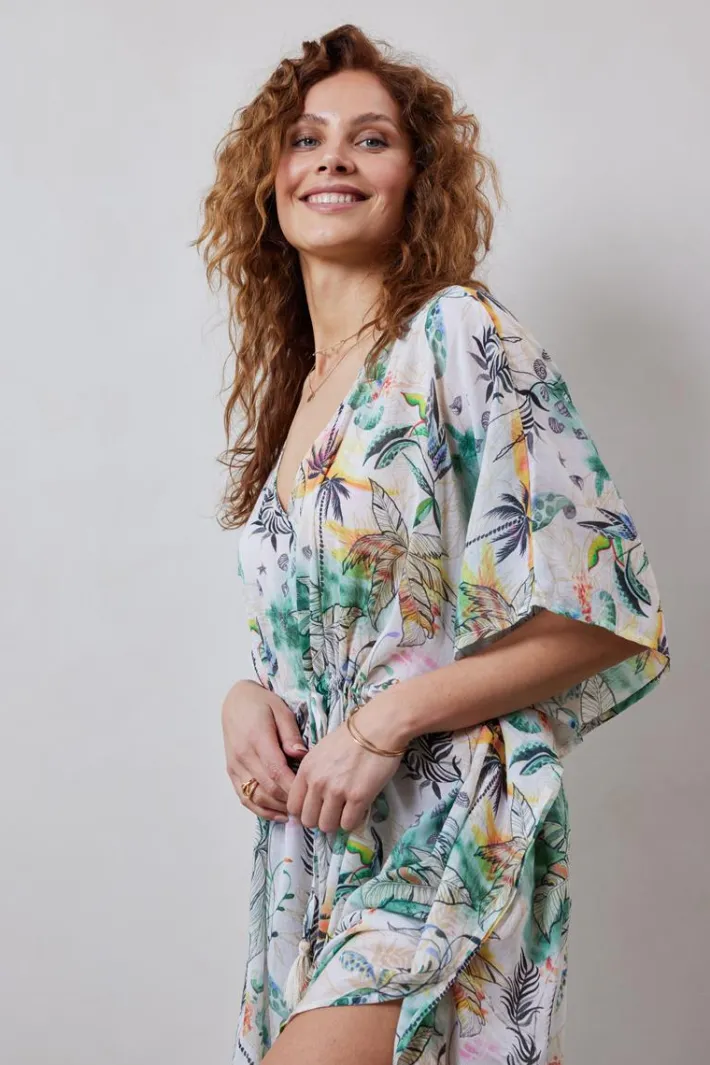 DiDi Kaftan long in Offwhite with Palm festival print- Kaftans En Kimonos | Jurken & Tunieken