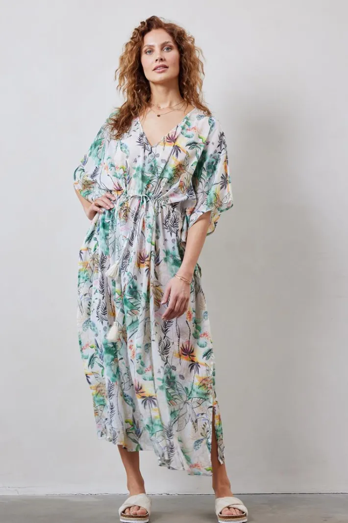 DiDi Kaftan long in Offwhite with Palm festival print- Kaftans En Kimonos | Jurken & Tunieken