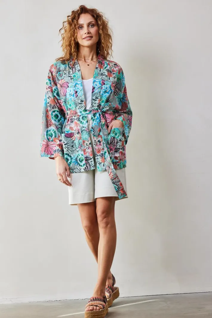 DiDi Kimono in Granite green with Floral Medley print- Kaftans En Kimonos | Jurken & Tunieken