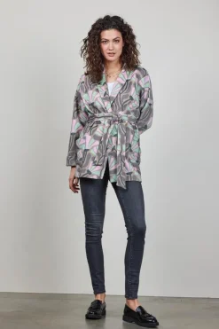 DiDi Kimono sweat vest Lois met Cosmic Flower print taupe- Truien & Vesten