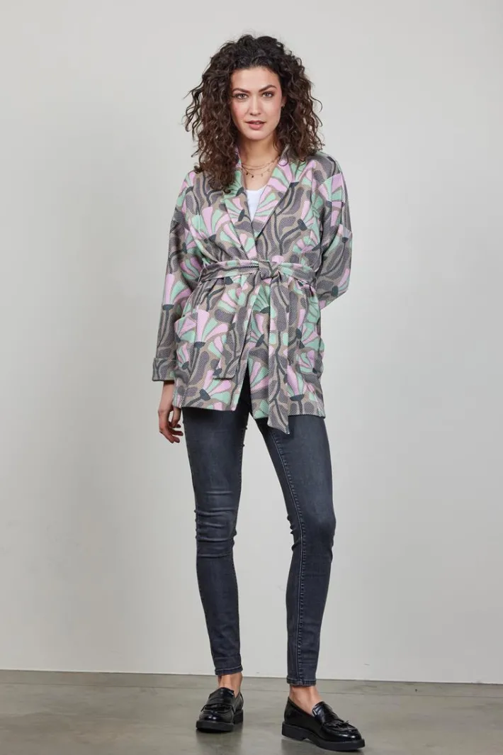 DiDi Kimono sweat vest Lois met Cosmic Flower print taupe- Truien & Vesten
