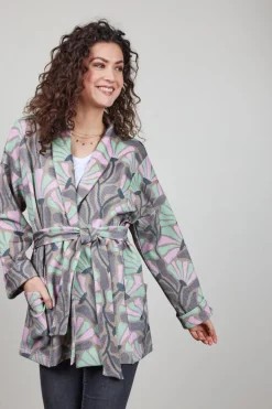 DiDi Kimono sweat vest Lois met Cosmic Flower print taupe- Truien & Vesten