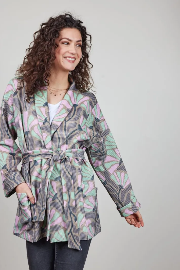 DiDi Kimono sweat vest Lois met Cosmic Flower print taupe- Truien & Vesten