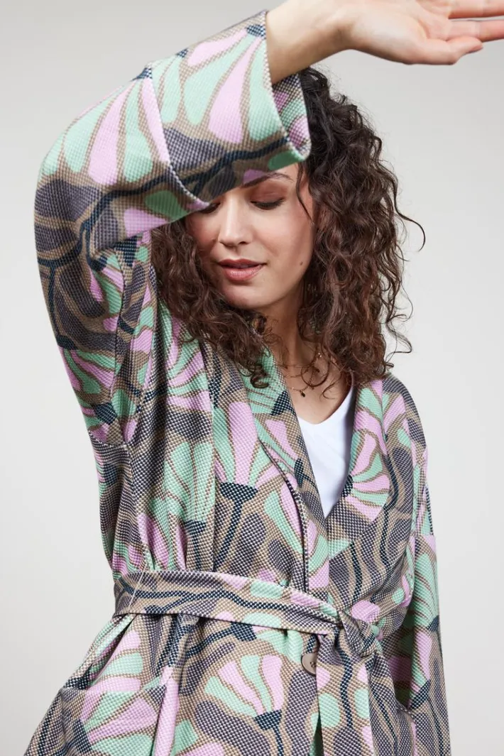 DiDi Kimono sweat vest Lois met Cosmic Flower print taupe- Truien & Vesten