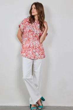 DiDi Loose blouse Sierra in Offwhite with Coral garden print- Blouses