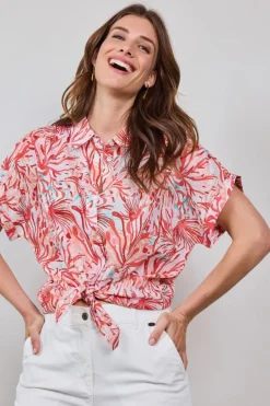 DiDi Loose blouse Sierra in Offwhite with Coral garden print- Blouses