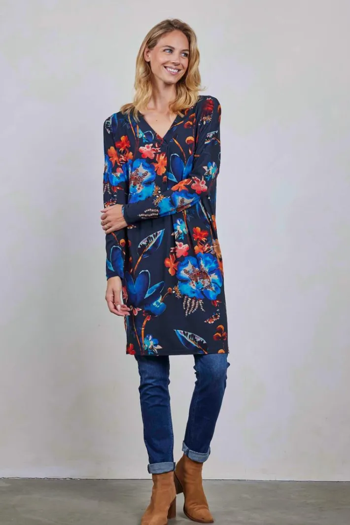 DiDi Loose dress Indy print Dark blue Waterside M print- Jurken & Tunieken