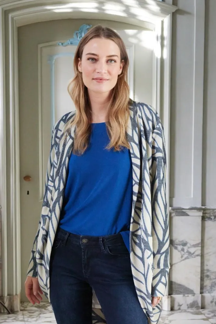 DiDi Loose vest Glory in de darkblue with Lush print- Truien & Vesten