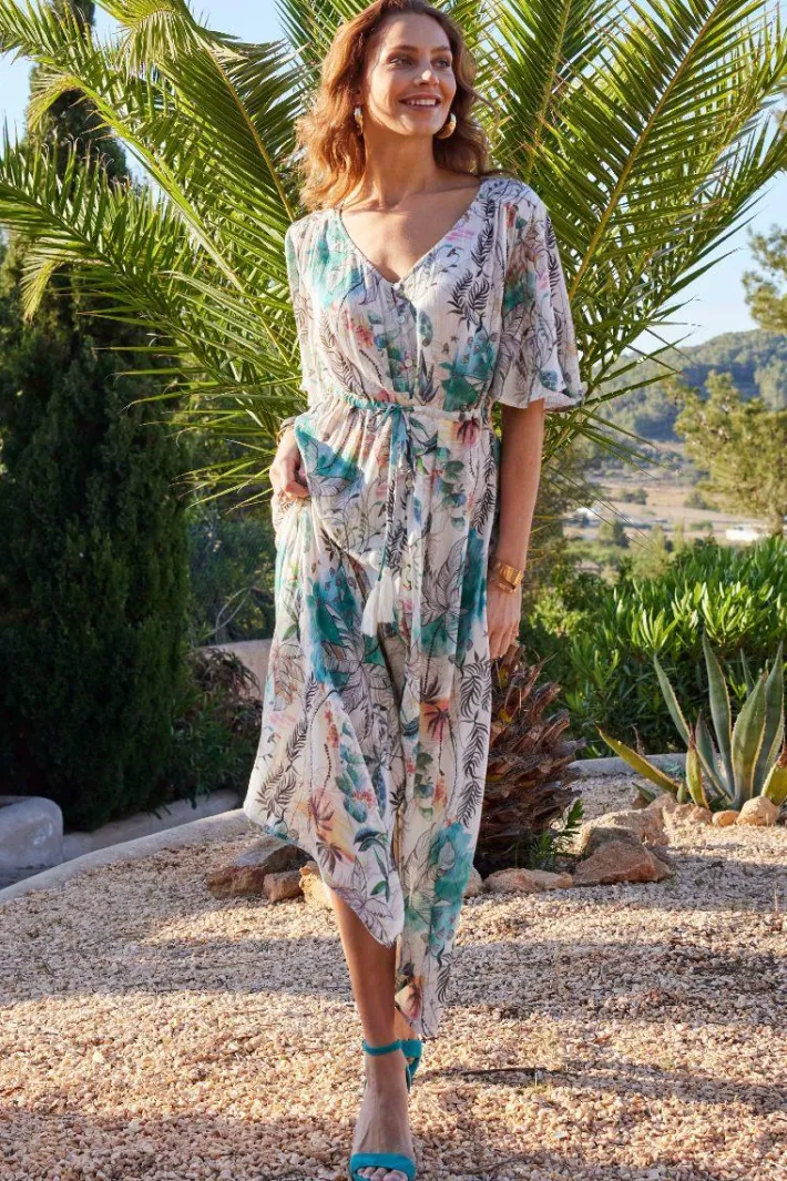 DiDi Maxi dress Jazzy in Offwhite with Palm festival print- Jurken & Tunieken