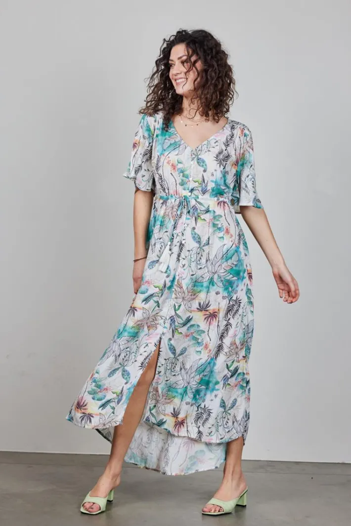 DiDi Maxi dress Jazzy in Offwhite with Palm festival print- Jurken & Tunieken