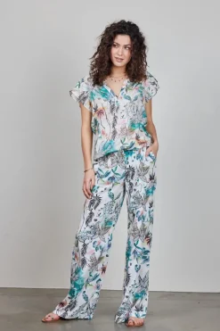 DiDi Pants Breezer print in Offwhite with Palm festival print- Lange Broeken