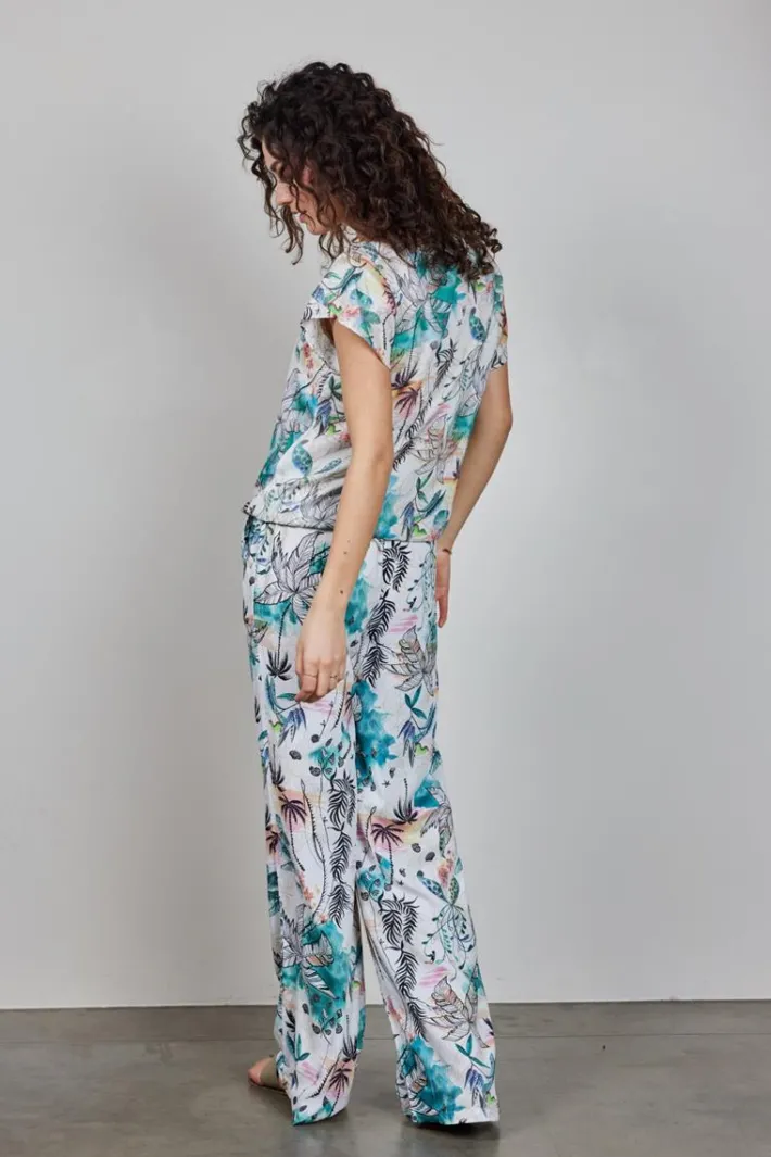 DiDi Pants Breezer print in Offwhite with Palm festival print- Lange Broeken