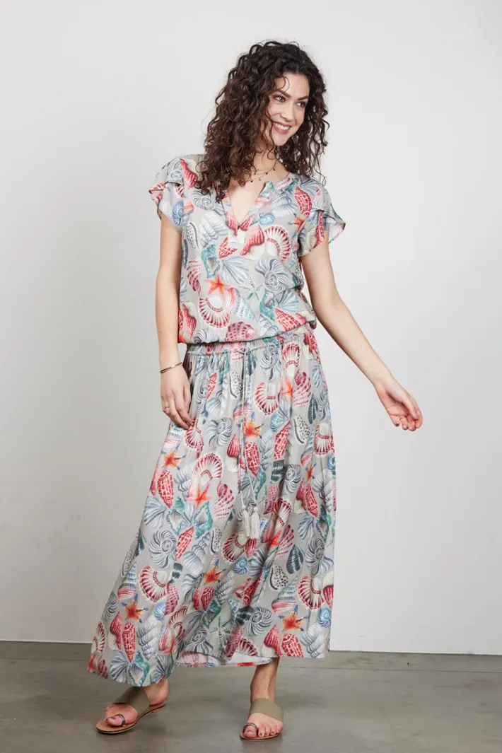 DiDi Smocked skirt Magic in Feather grey with Oceans treasures- Rokken