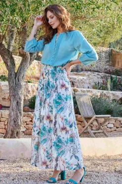 DiDi Smocked skirt Magic in Offwhite with Palm festival print- Rokken