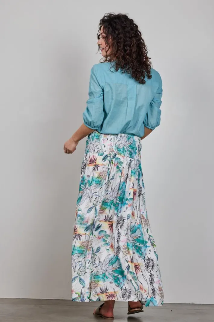 DiDi Smocked skirt Magic in Offwhite with Palm festival print- Rokken